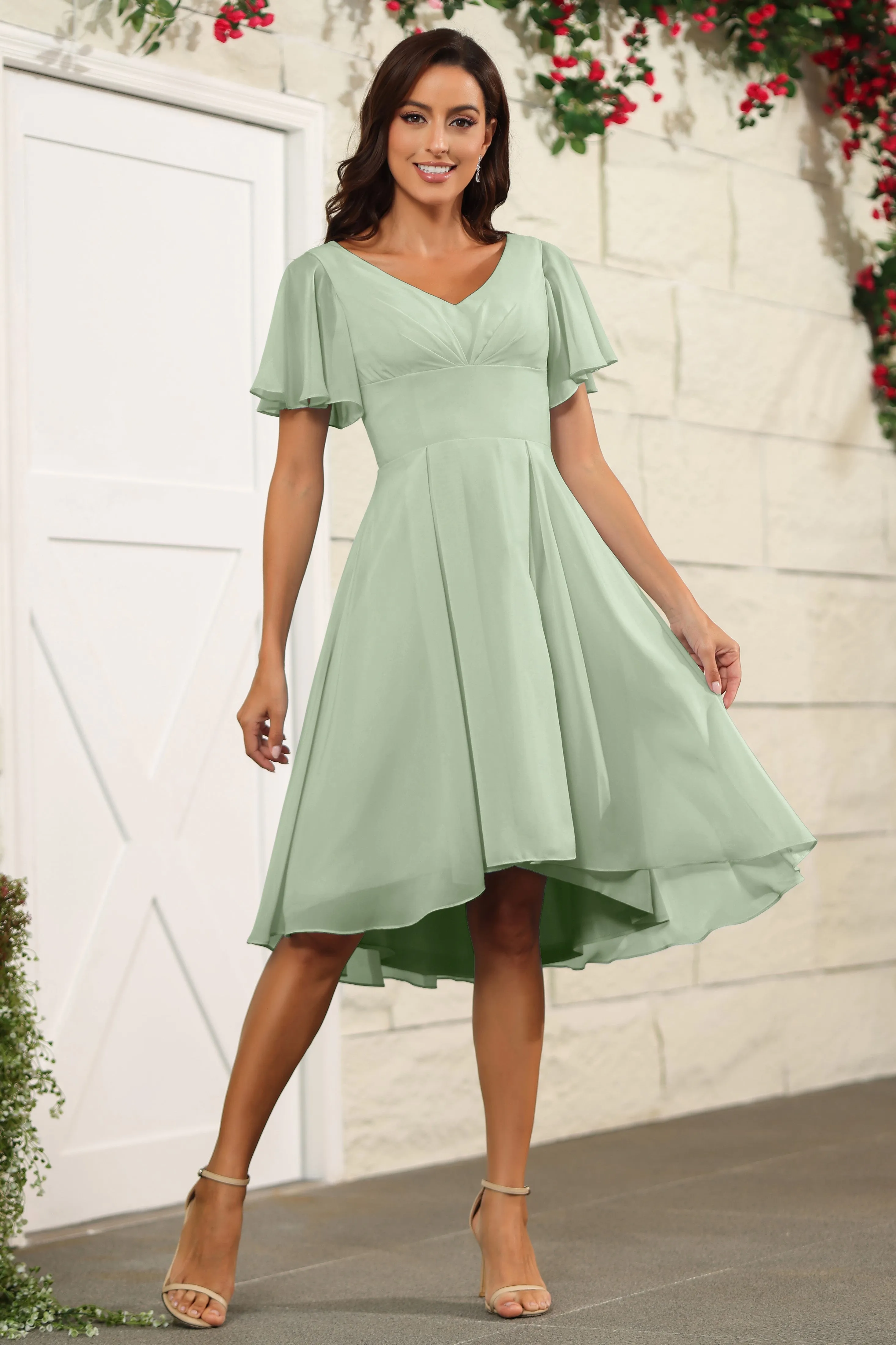 Short Sleeves Chiffon V Neck Knee Length Bridesmaid Dresses