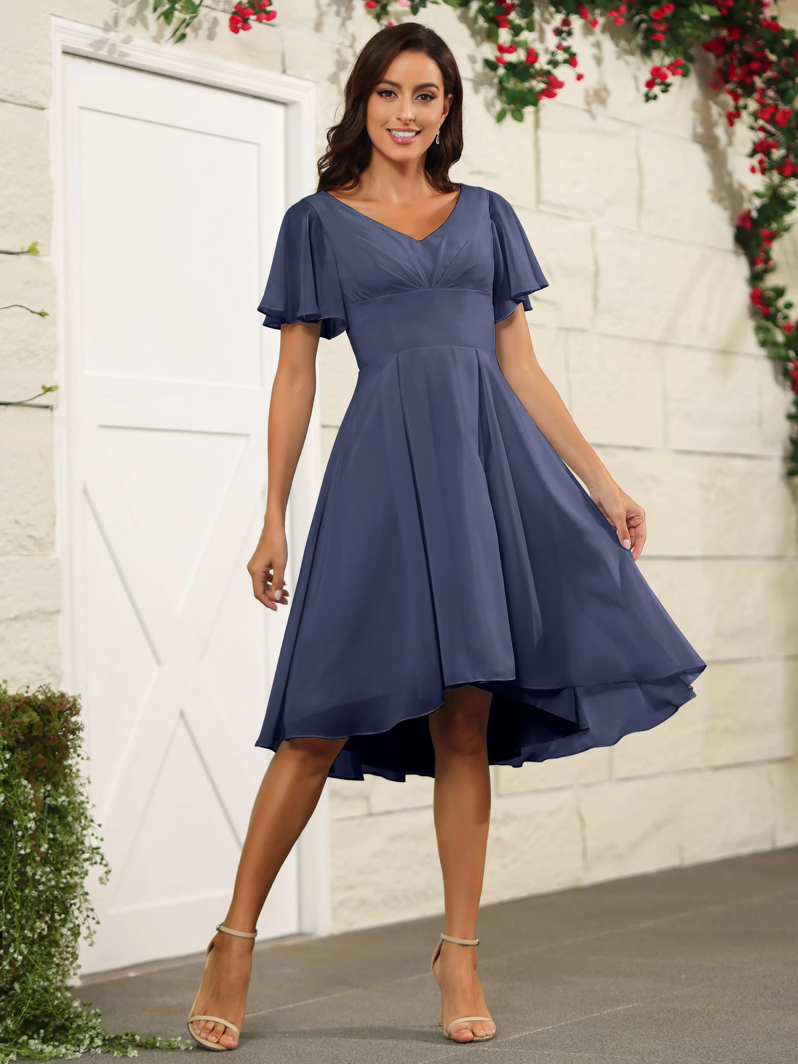 Short Sleeves Chiffon V Neck Knee Length Bridesmaid Dresses
