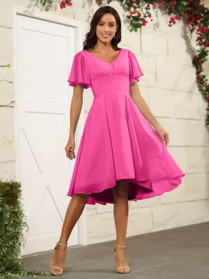 Short Sleeves Chiffon V Neck Knee Length Bridesmaid Dresses