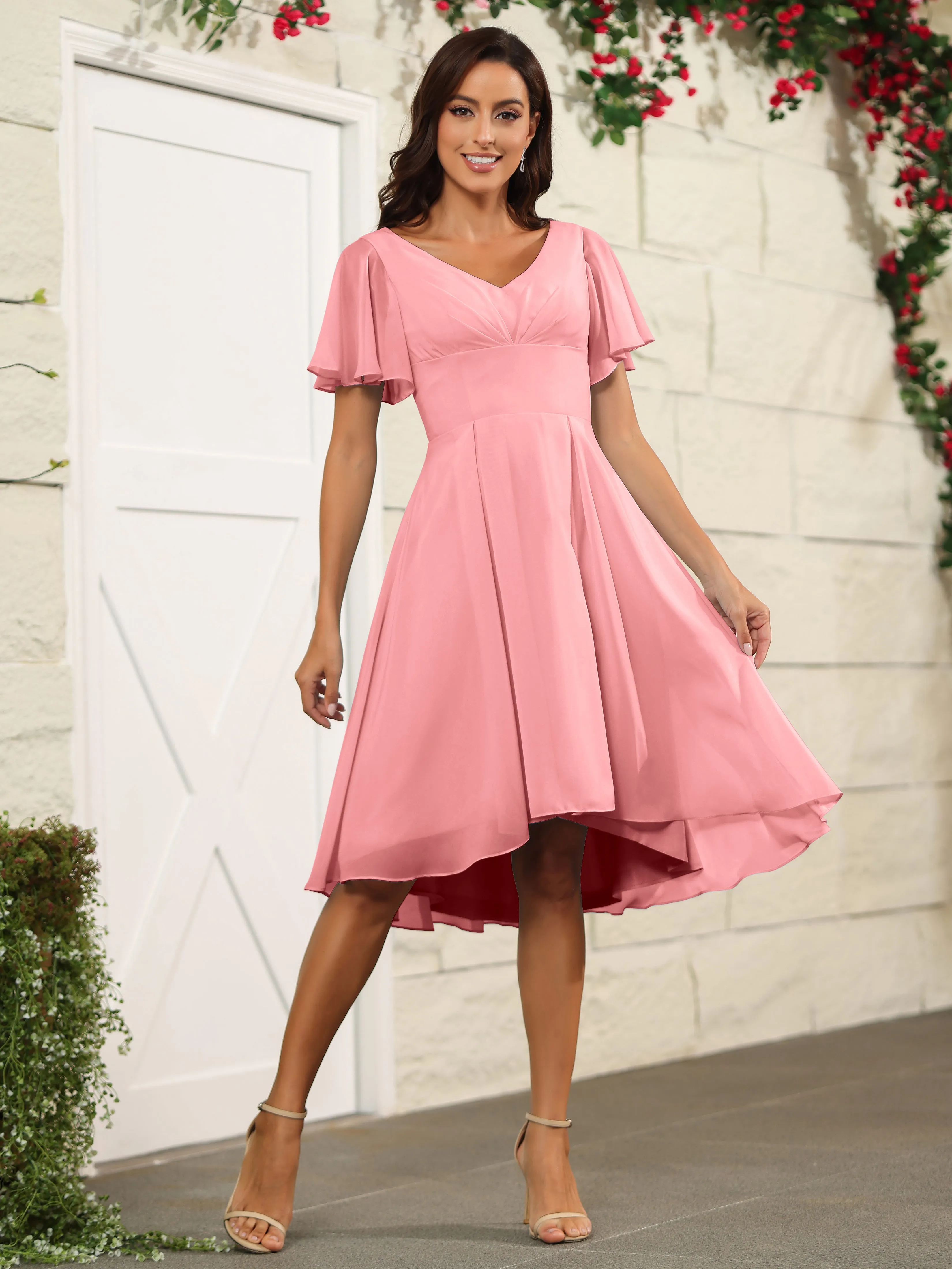 Short Sleeves Chiffon V Neck Knee Length Bridesmaid Dresses