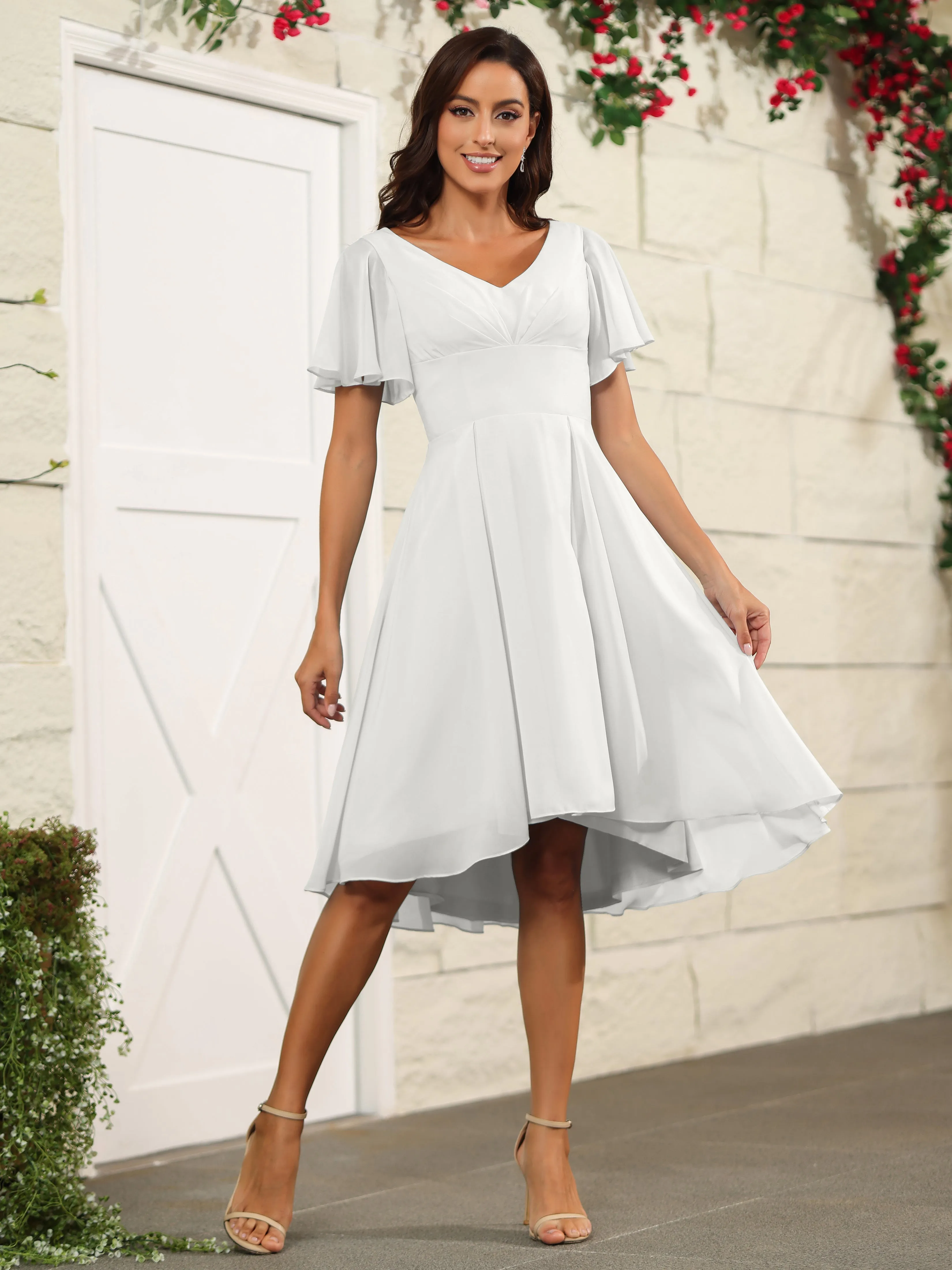 Short Sleeves Chiffon V Neck Knee Length Bridesmaid Dresses
