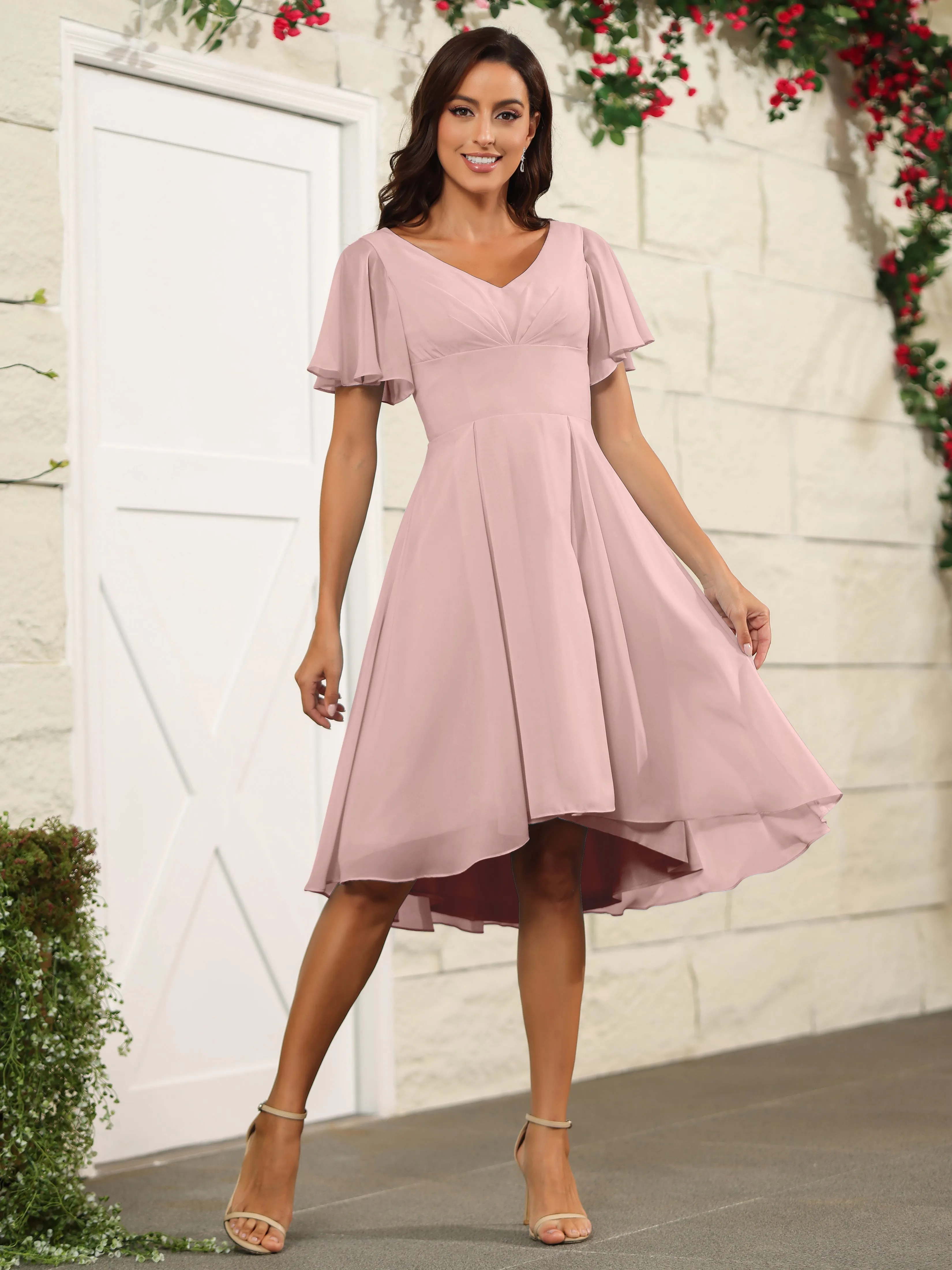 Short Sleeves Chiffon V Neck Knee Length Bridesmaid Dresses