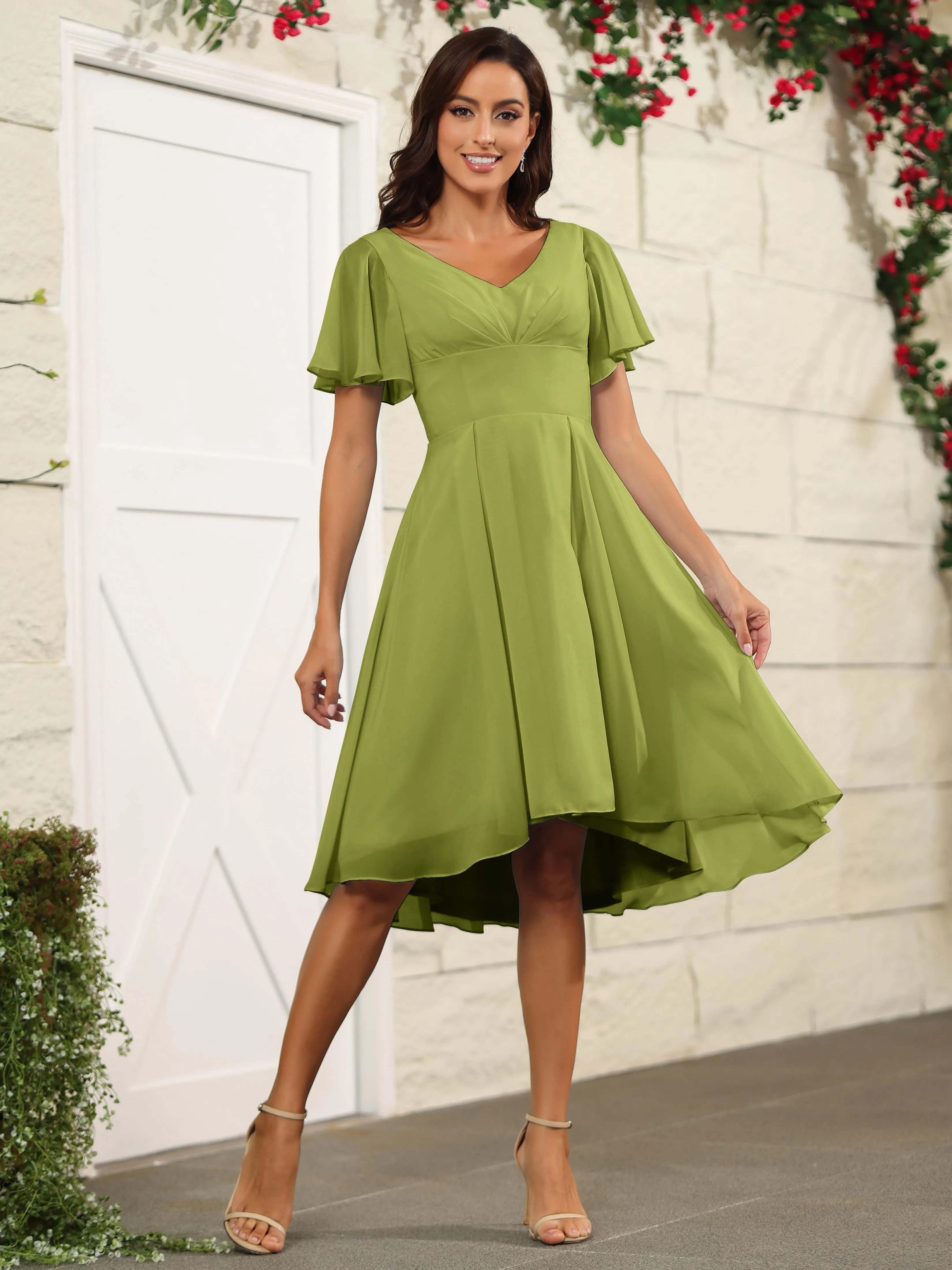 Short Sleeves Chiffon V Neck Knee Length Bridesmaid Dresses