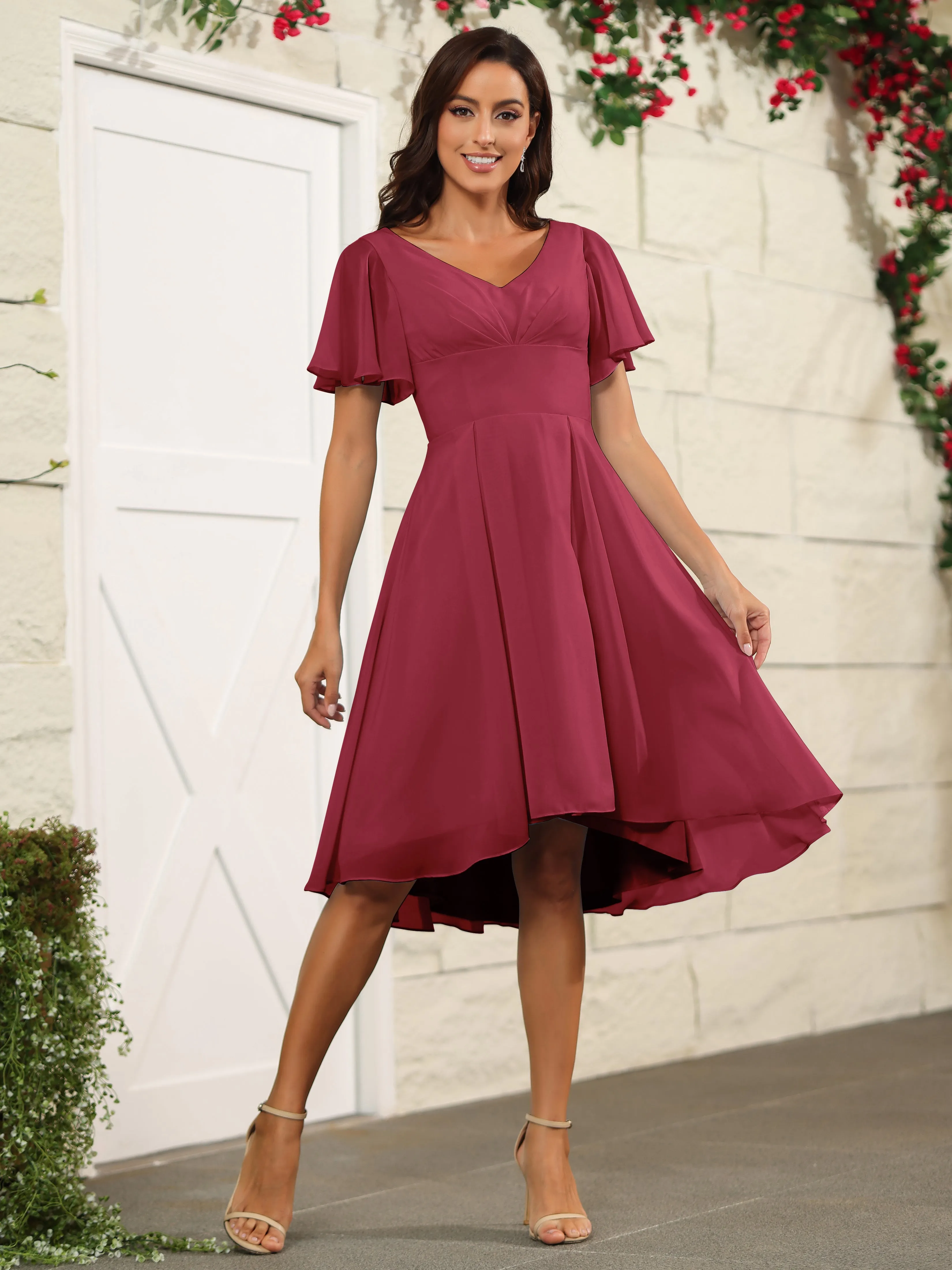 Short Sleeves Chiffon V Neck Knee Length Bridesmaid Dresses