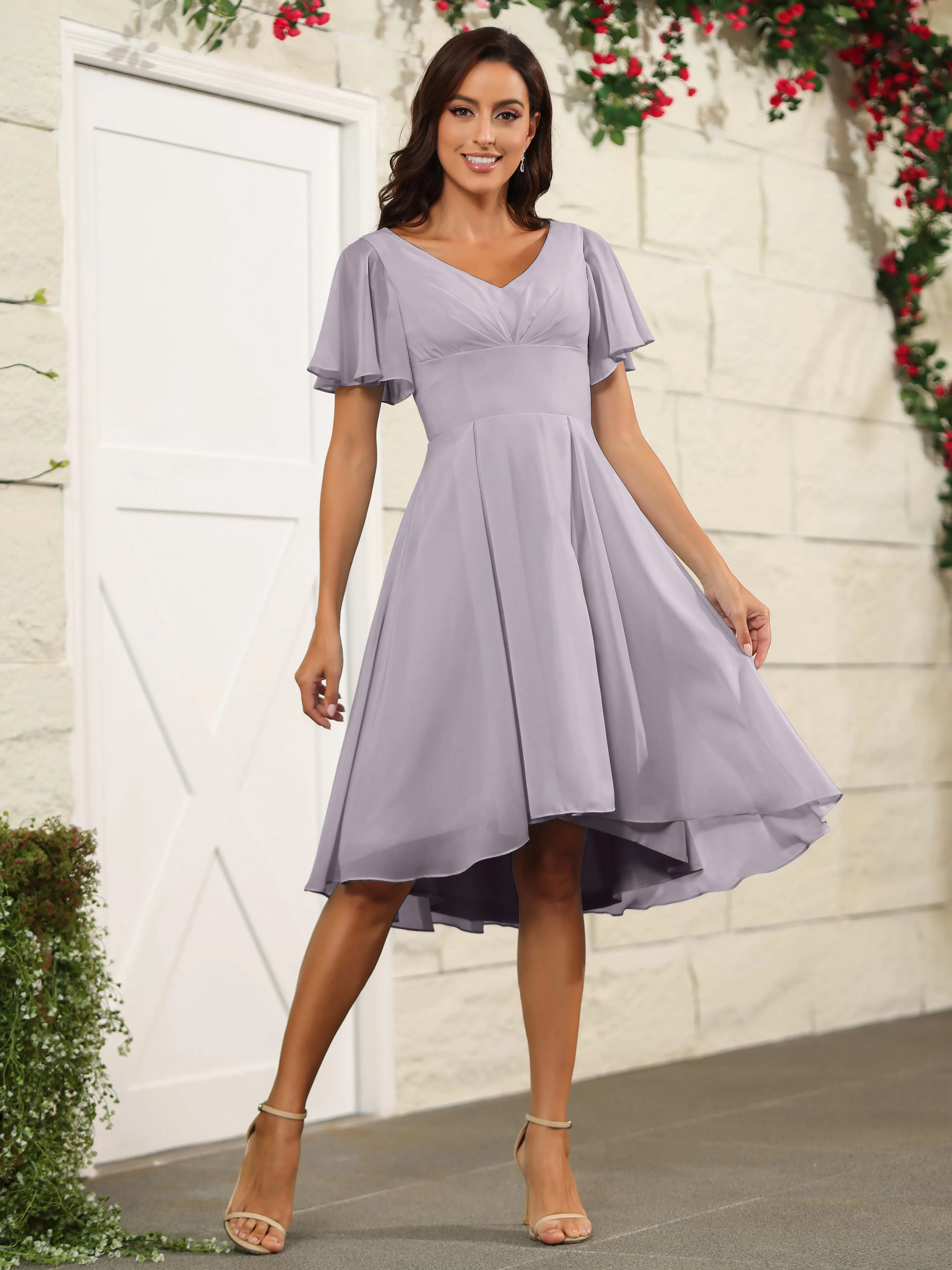 Short Sleeves Chiffon V Neck Knee Length Bridesmaid Dresses