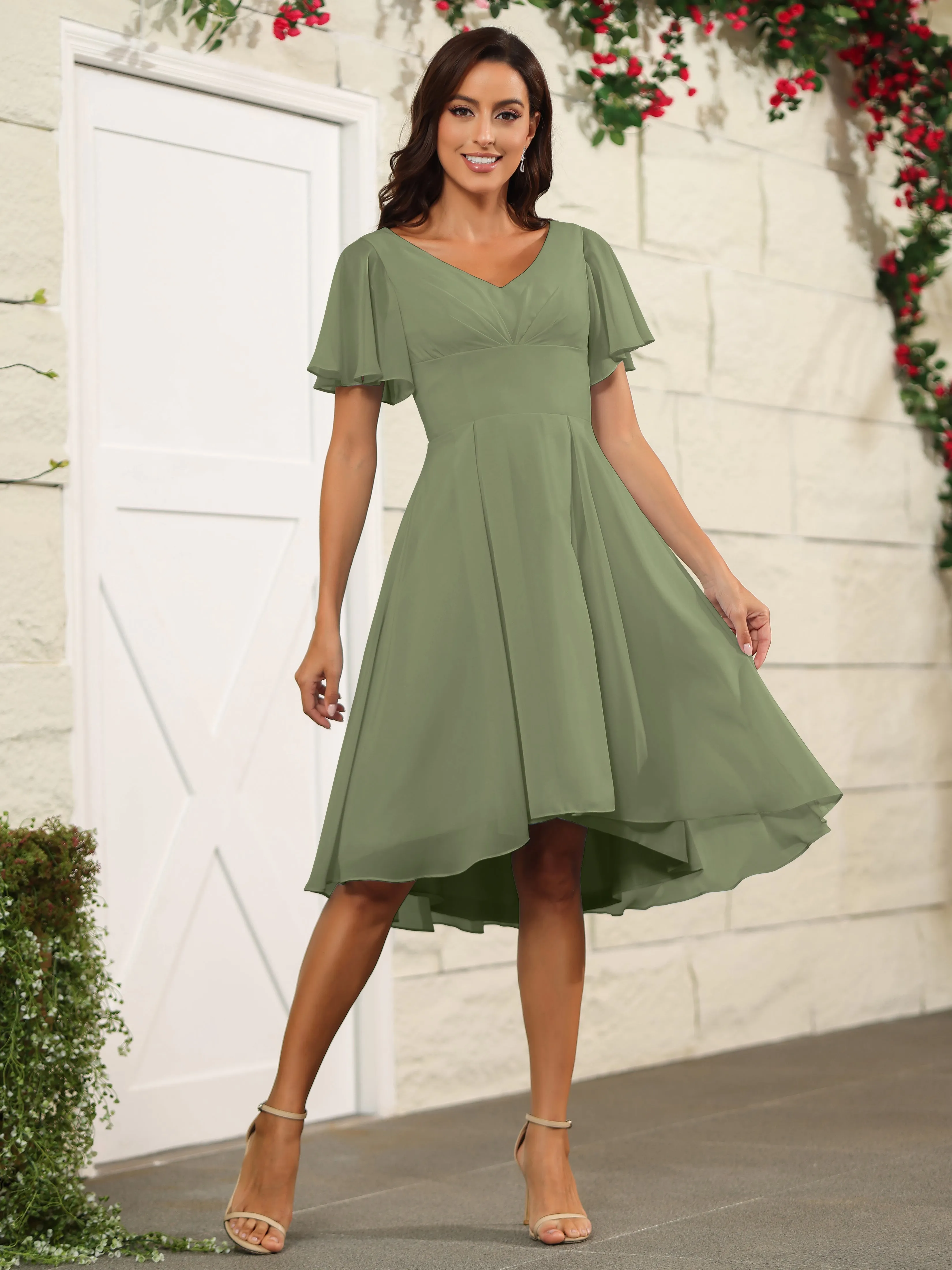 Short Sleeves Chiffon V Neck Knee Length Bridesmaid Dresses