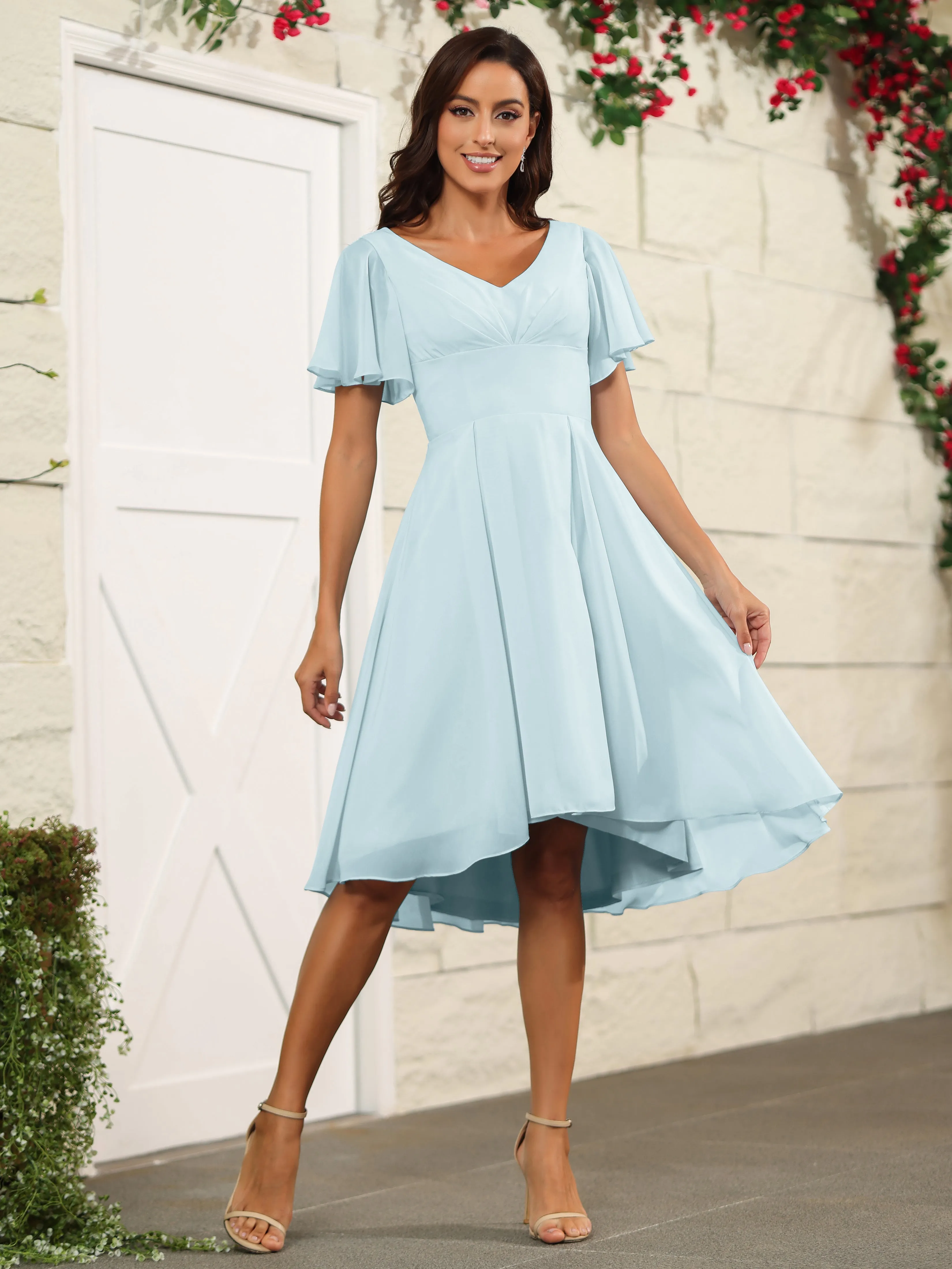 Short Sleeves Chiffon V Neck Knee Length Bridesmaid Dresses