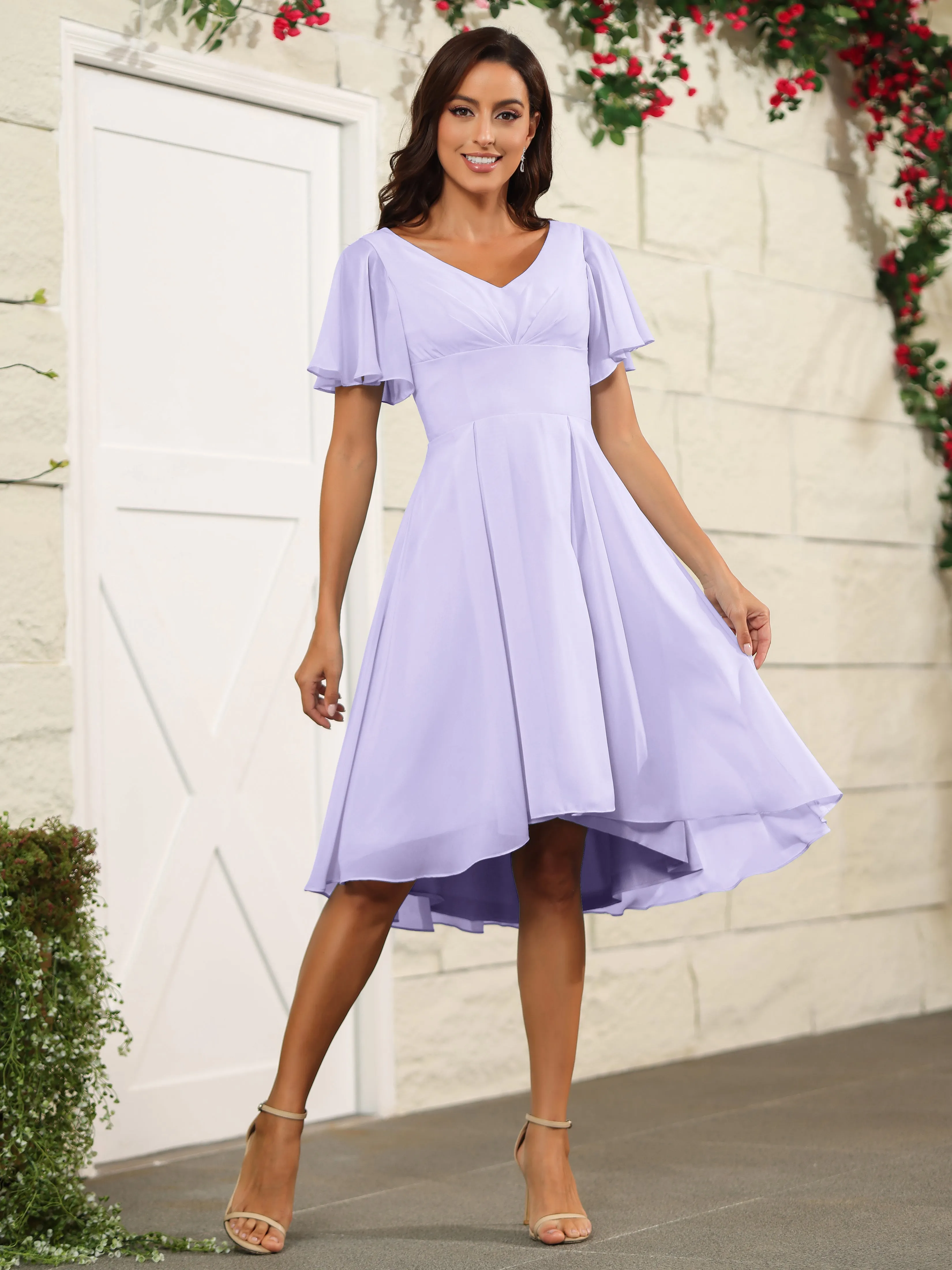 Short Sleeves Chiffon V Neck Knee Length Bridesmaid Dresses