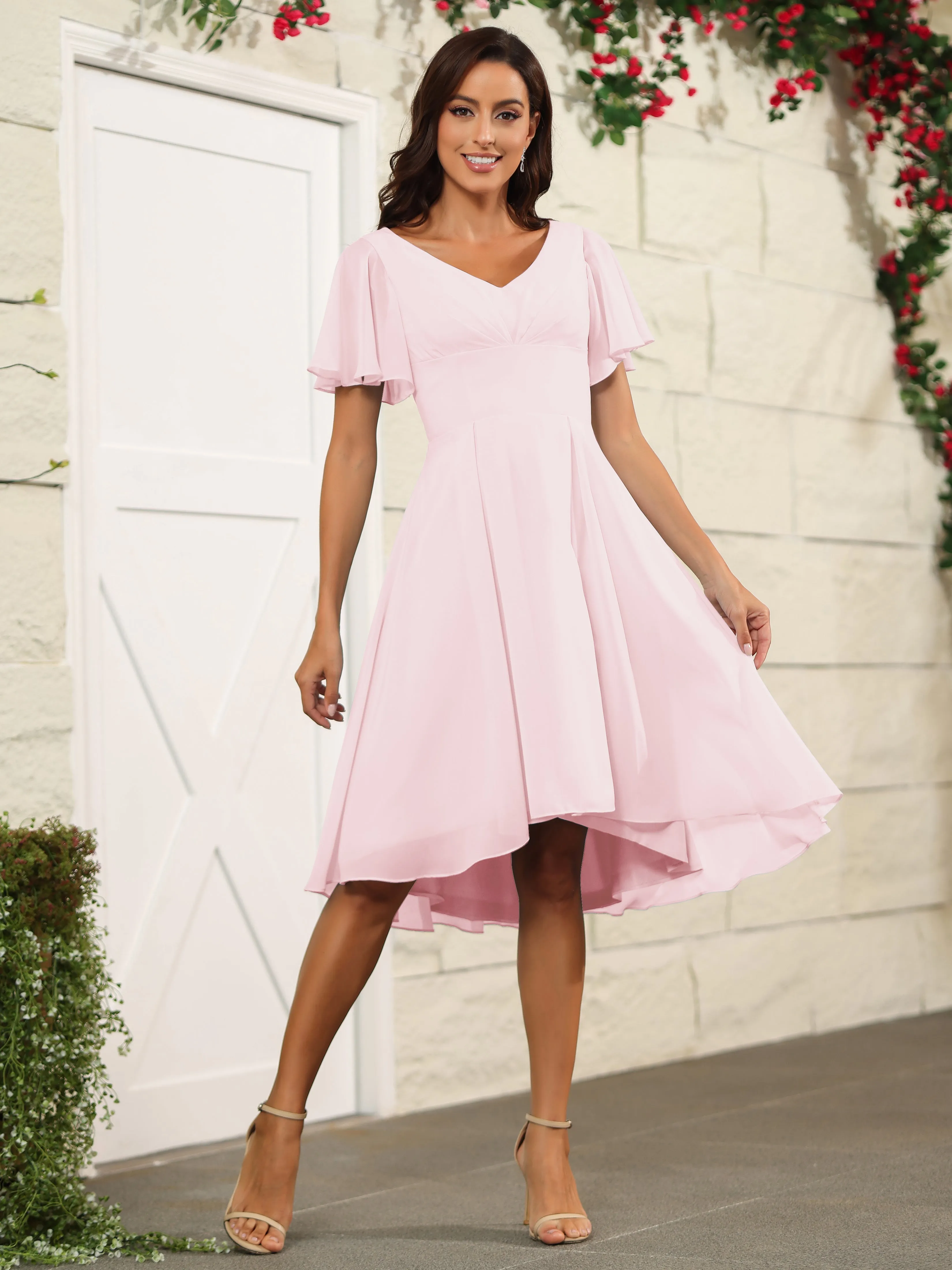 Short Sleeves Chiffon V Neck Knee Length Bridesmaid Dresses