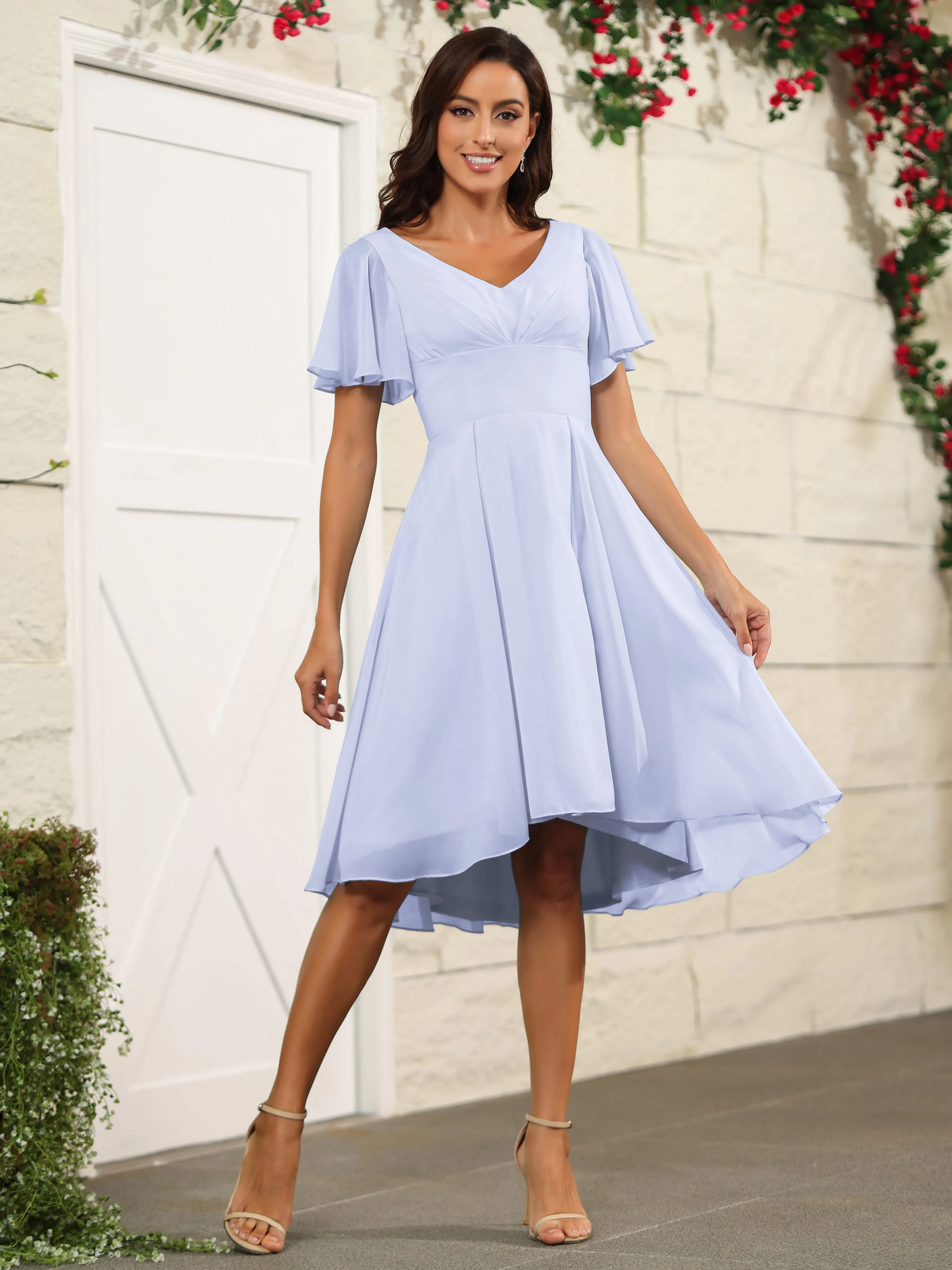 Short Sleeves Chiffon V Neck Knee Length Bridesmaid Dresses