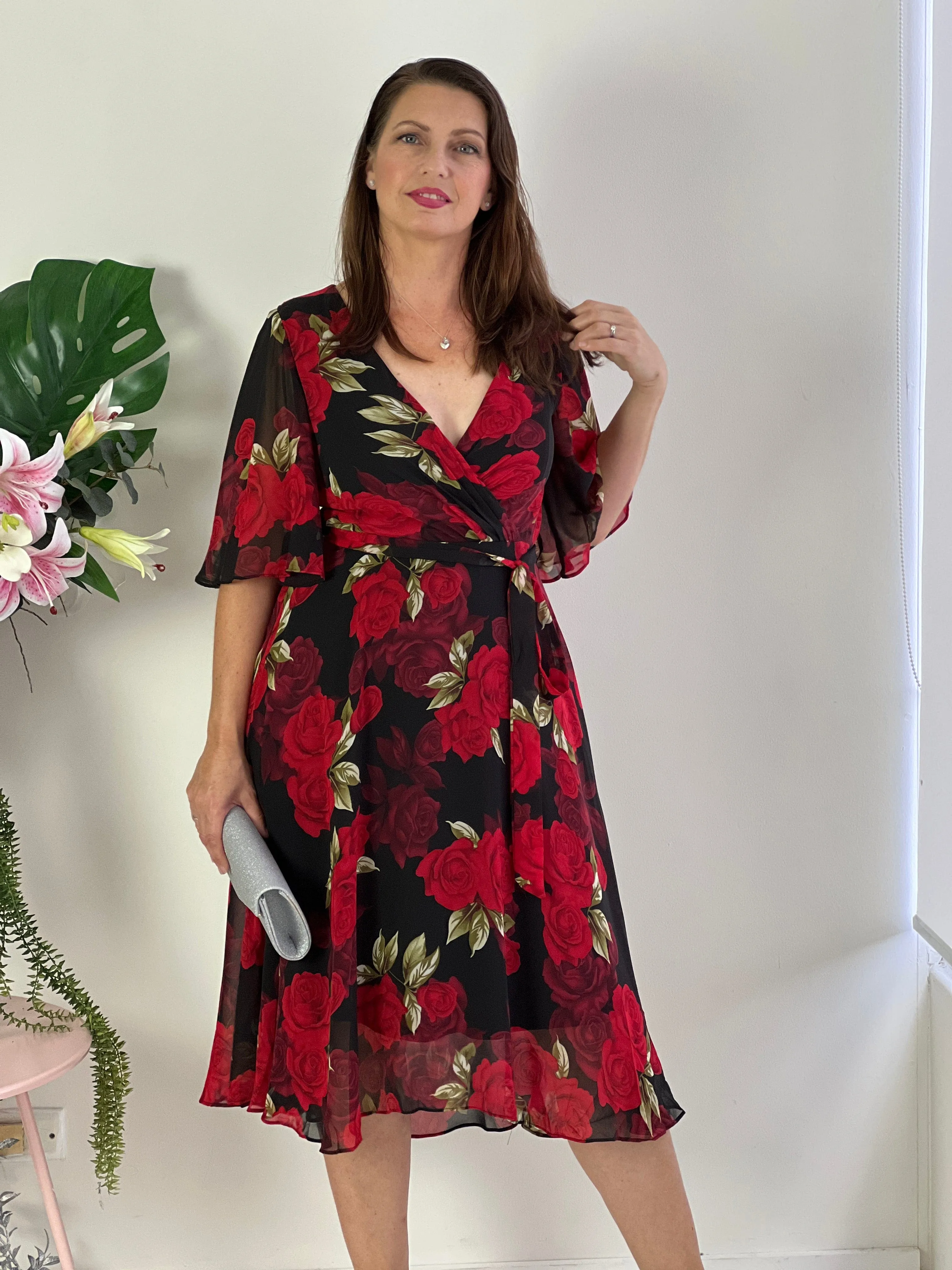 Simone Black Rose Evening Dress