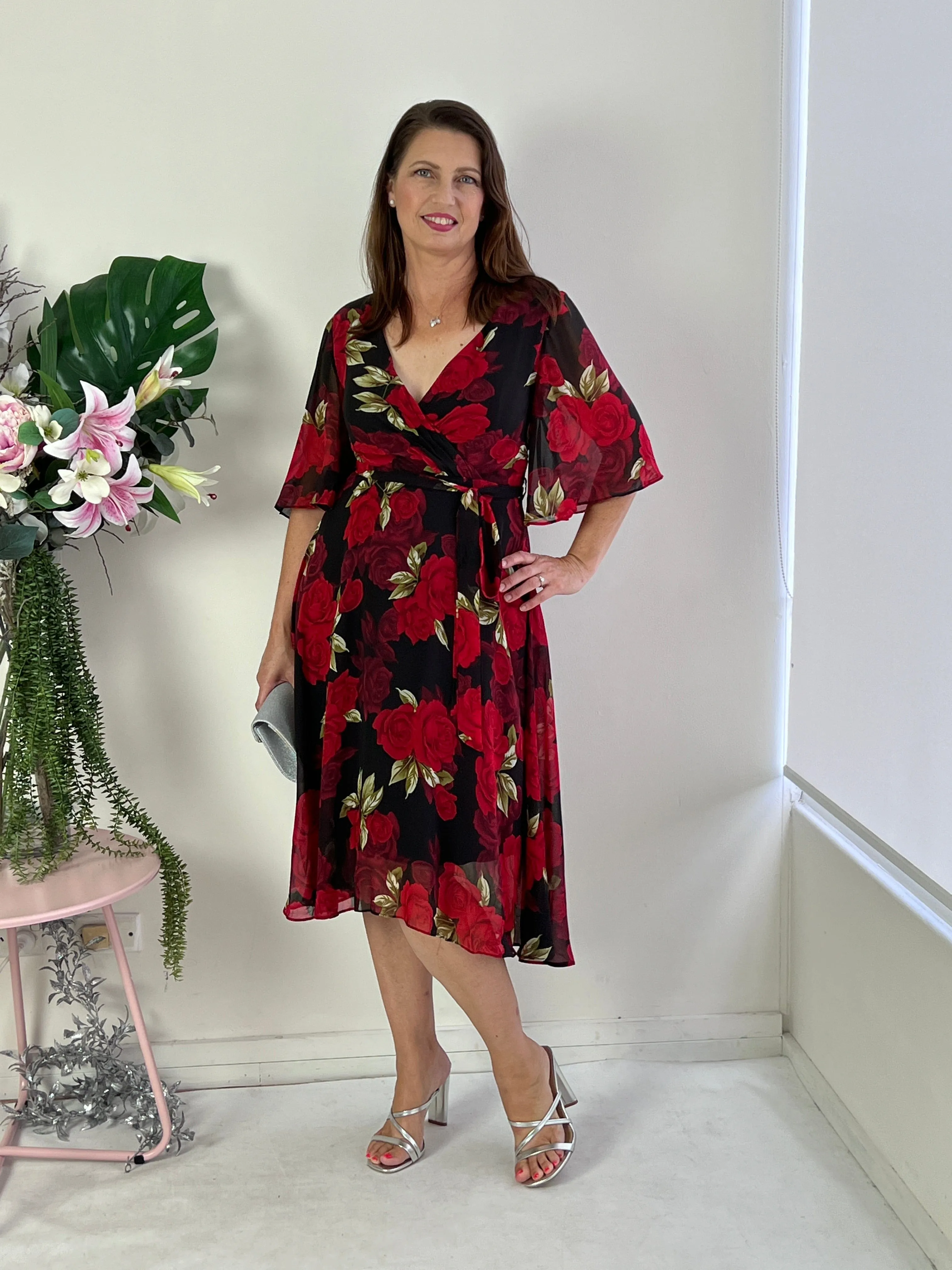 Simone Black Rose Evening Dress