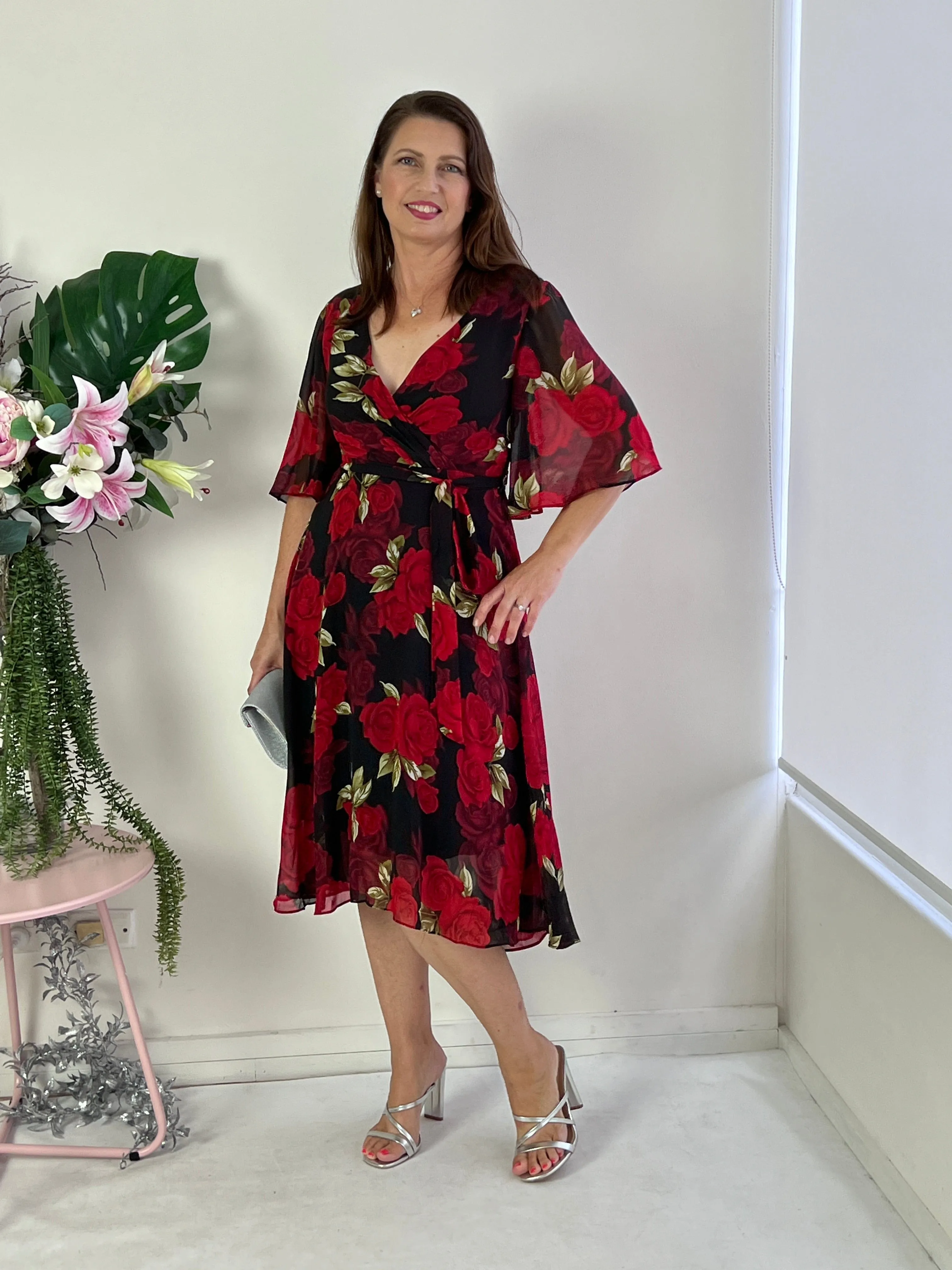 Simone Black Rose Evening Dress