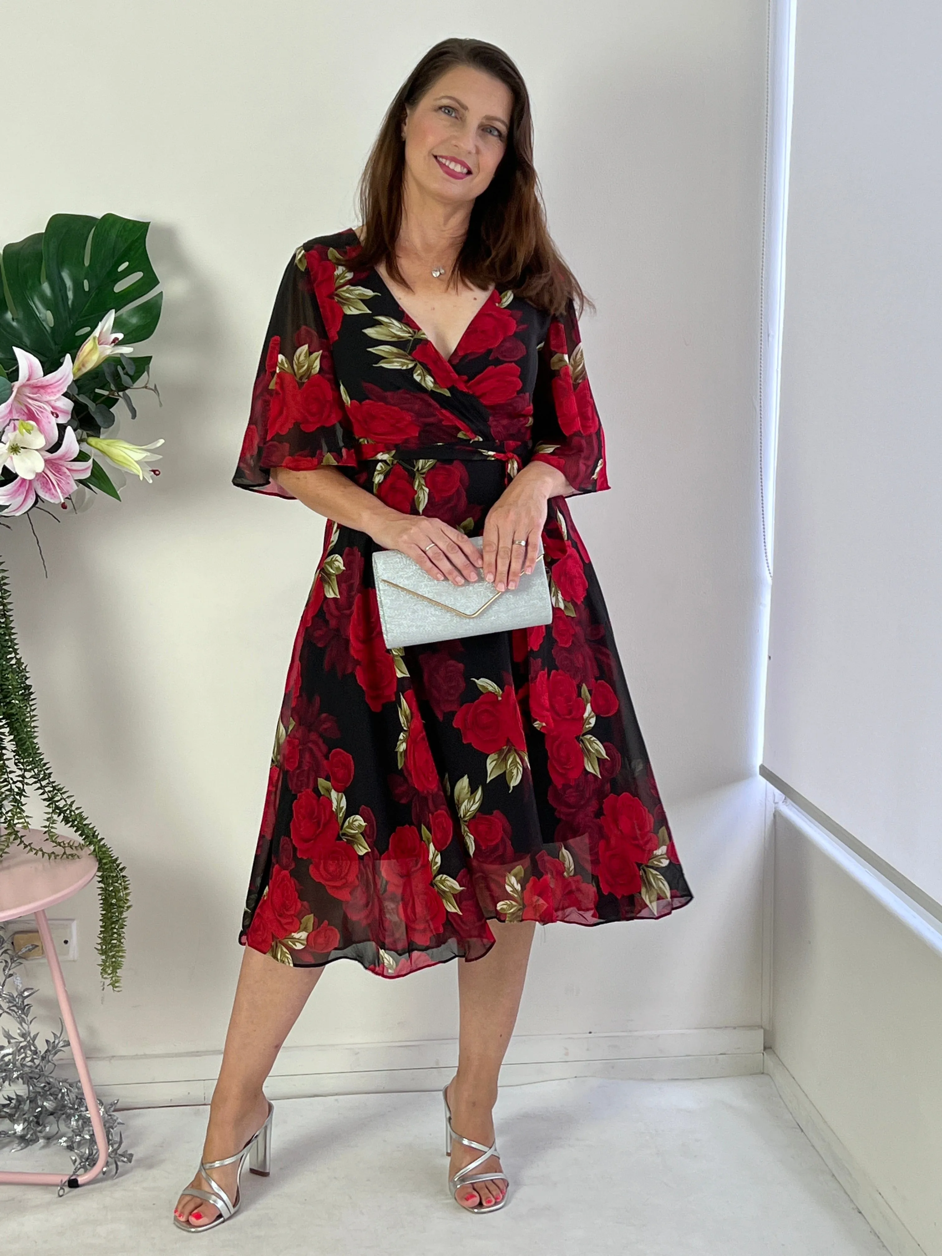 Simone Black Rose Evening Dress