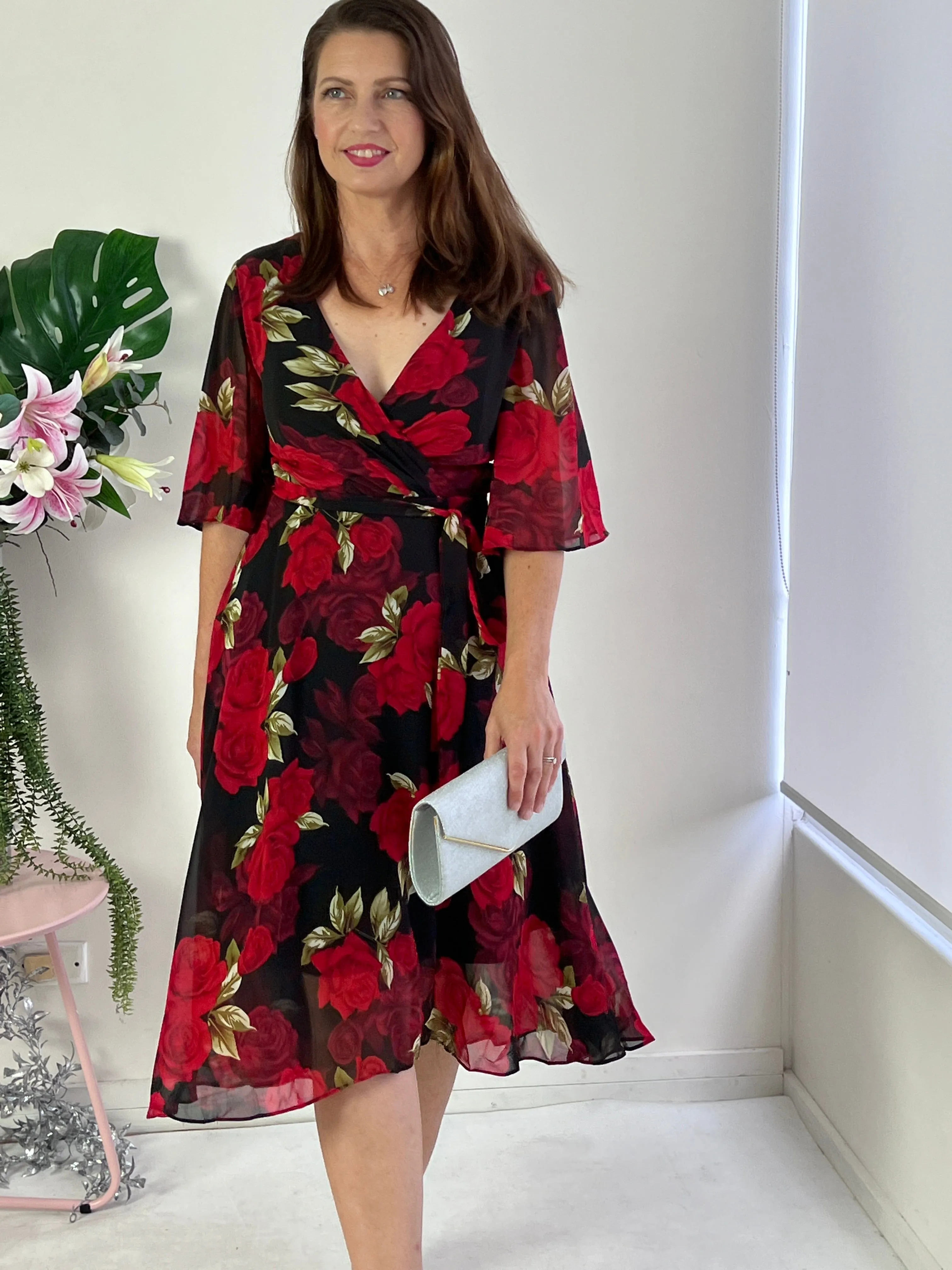 Simone Black Rose Evening Dress