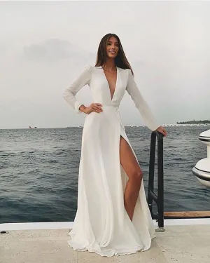 Simple 2020 Wedding Dress Full Sleeve Deep V-neck Bridal Gowns with Split Side