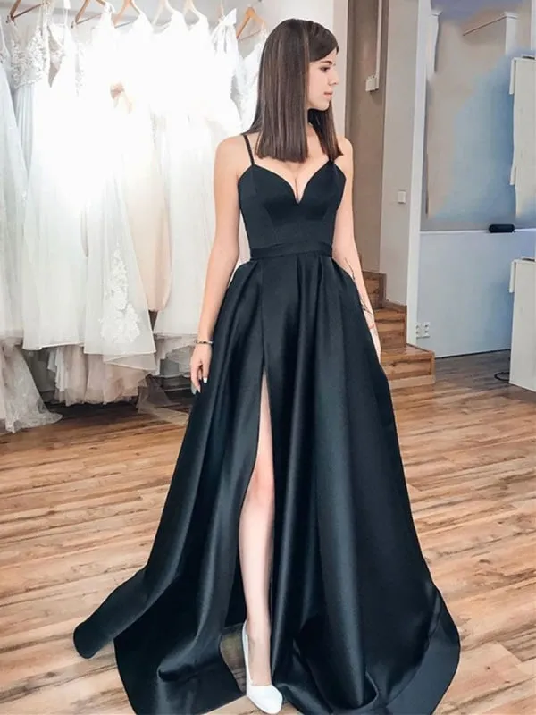 Simple A Line Satin Black Long Prom with High Slit, Long Black Formal, Black Evening