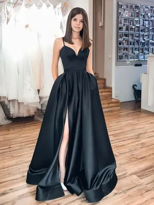 Simple A Line Satin Black Long Prom with High Slit, Long Black Formal, Black Evening