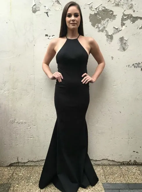 Simple Black Mermaid Spaghetti Straps Floor-Length Backless Prom Dresses, QB0715