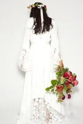 Simple Bohemian Long Sleeves Deep V Neck Hippie Beach Wedding Gown-715303