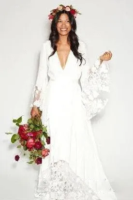 Simple Bohemian Long Sleeves Deep V Neck Hippie Beach Wedding Gown-715303
