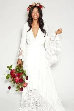 Simple Bohemian Long Sleeves Deep V Neck Hippie Beach Wedding Gown-715303