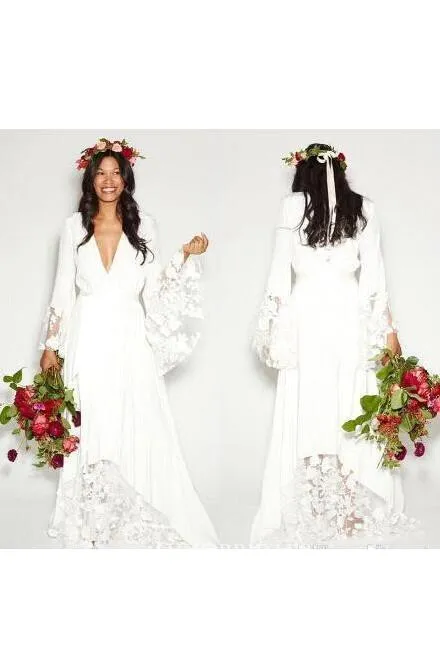 Simple Bohemian Long Sleeves Deep V Neck Hippie Beach Wedding Gown-715303