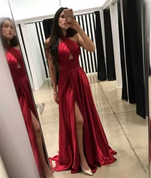 Simple burgundy satin long prom dress, burgundy evening dress