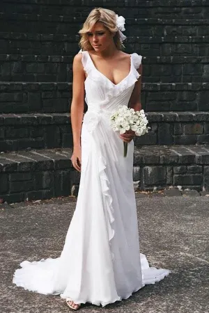 Simple Chiffon A-line V-neck Ruffles Beach Wedding Dresses, Wedding Gown, MW787