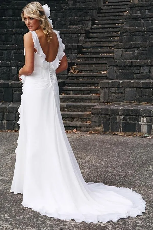 Simple Chiffon A-line V-neck Ruffles Beach Wedding Dresses, Wedding Gown, MW787