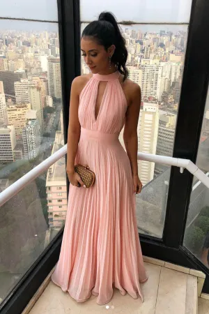Simple chiffon long prom dress, chiffon pink bridesmaid dress