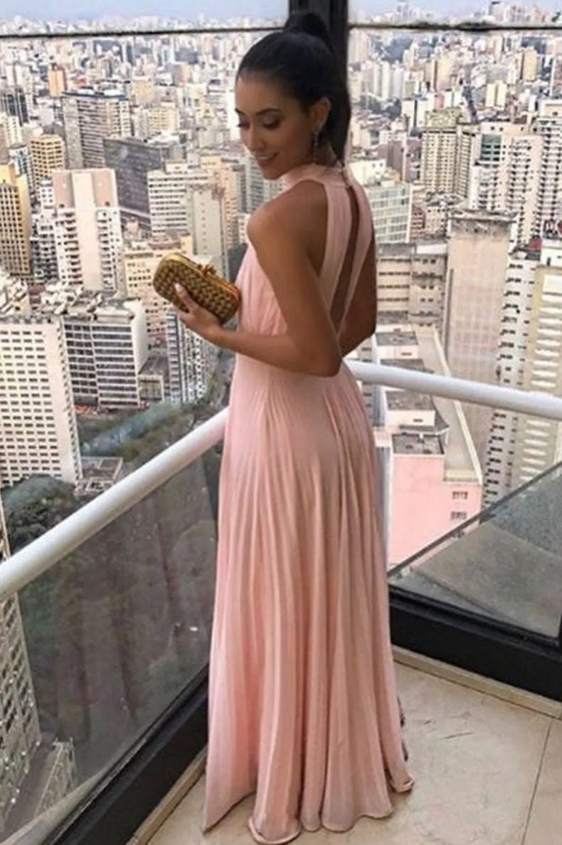 Simple chiffon long prom dress, chiffon pink bridesmaid dress