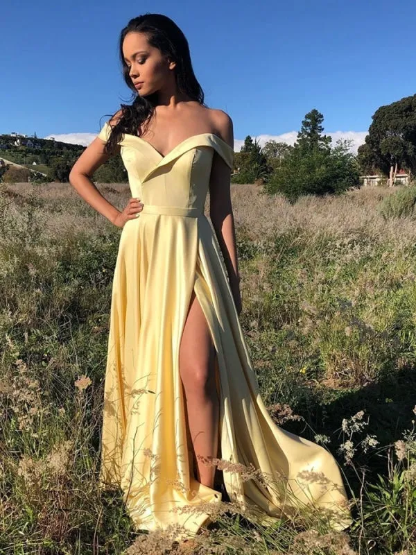 Simple Off Shoulder Long Yellow Prom with Hight Slit, Off Shoulder Yellow Formal, Yellow Evening