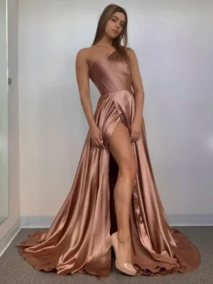 Simple one shoulder satin long prom dress, satin long evening dress