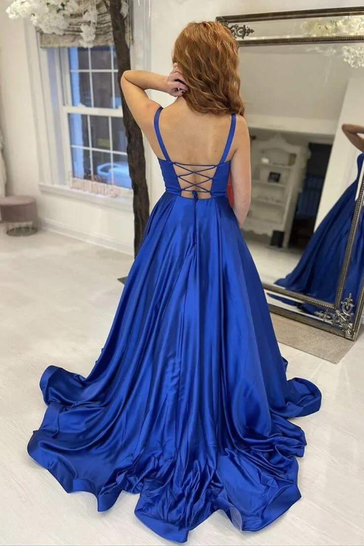 Simple Royal Blue Graduation Evening Dress Satin Long Formal Prom Dresses