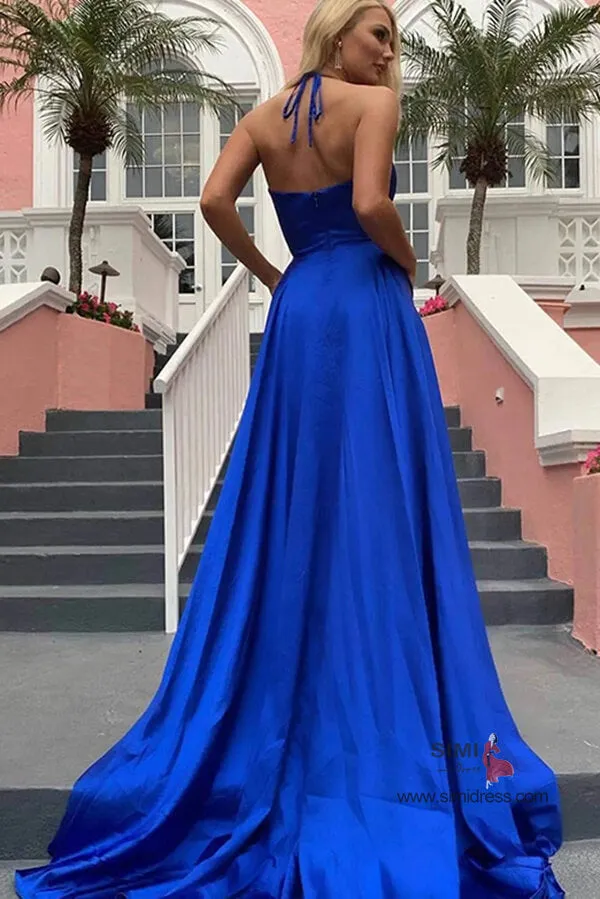 Simple Royal Blue Spaghetti Straps Deep V-Neck Long Prom Dresses, SP646