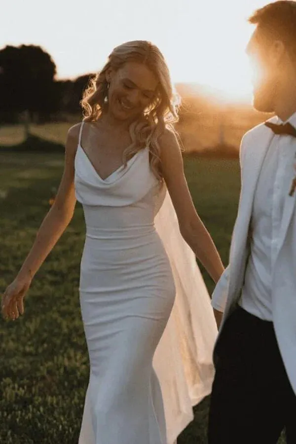 Simple Satin Mermaid Cowl Neck Spaghetti Straps Wedding Dresses, SW696