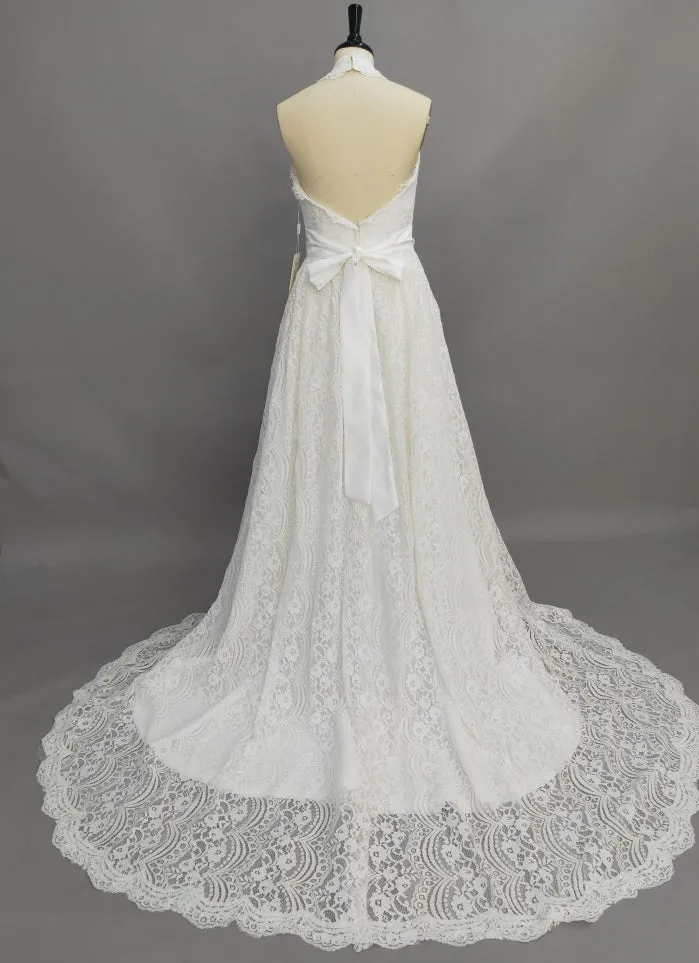 Sleeveless A-Line Lace Dress With Halter and Open Back