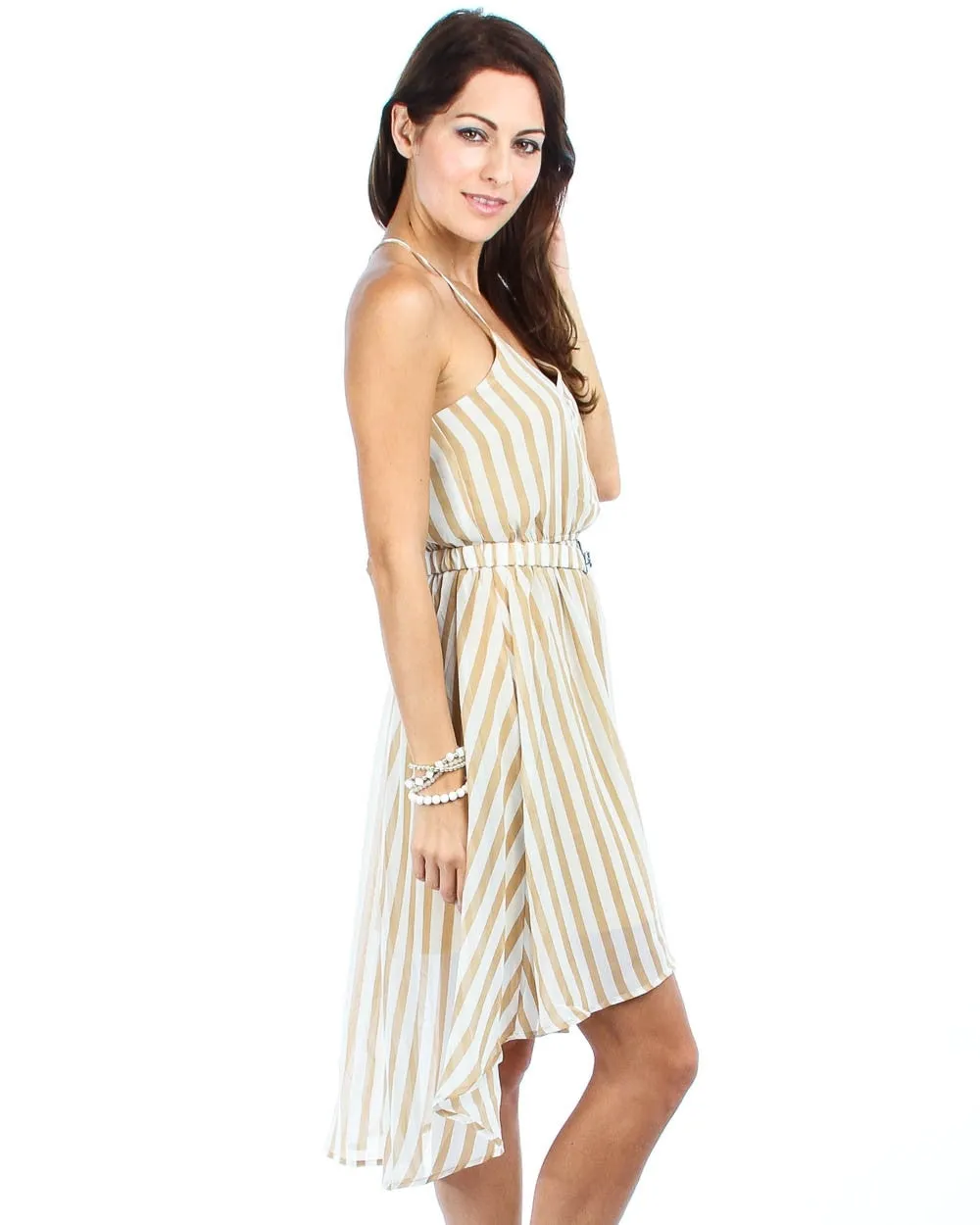 Sleeveless Highlow Striped Midi Dress with Belt Mocha White