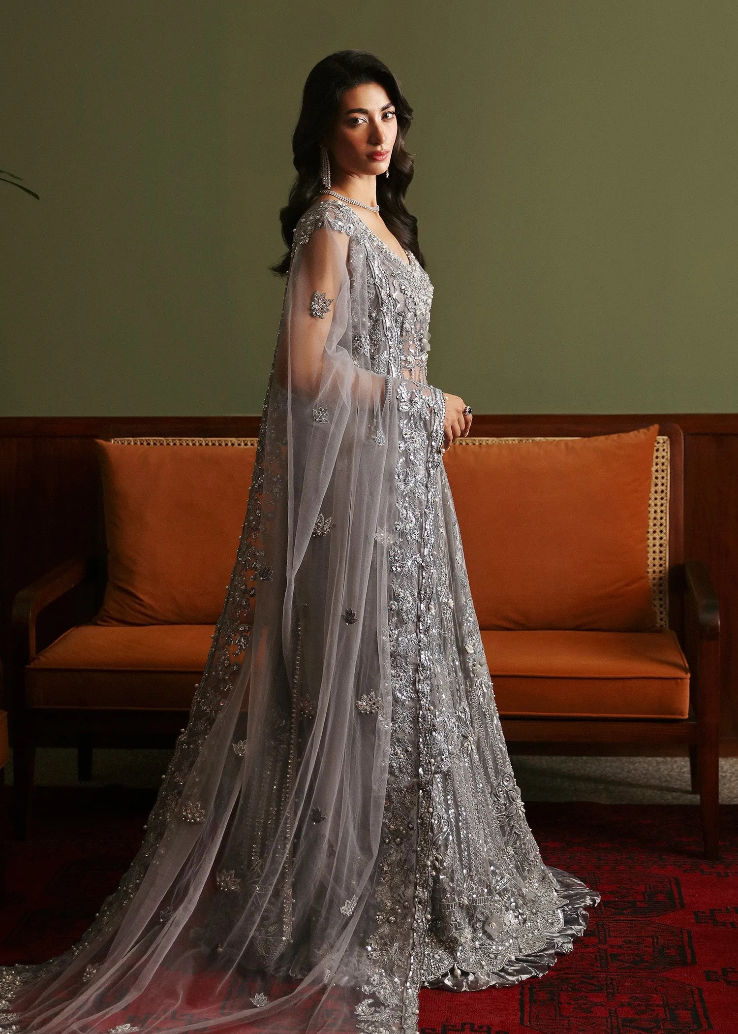 Smokey Grey Embellished Pakistani Bridal Dress in Crushed Gharara Style