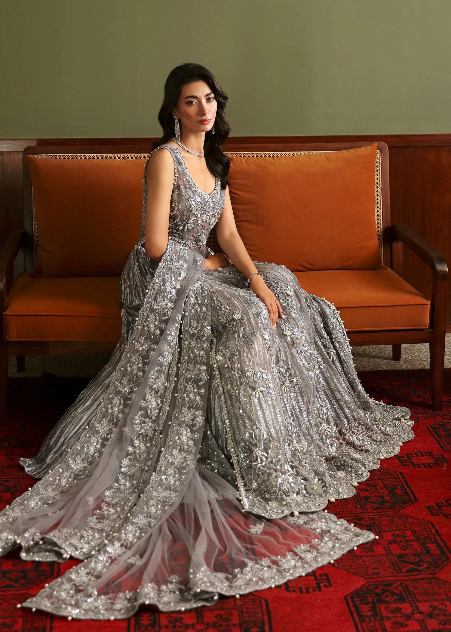 Smokey Grey Embellished Pakistani Bridal Dress in Crushed Gharara Style