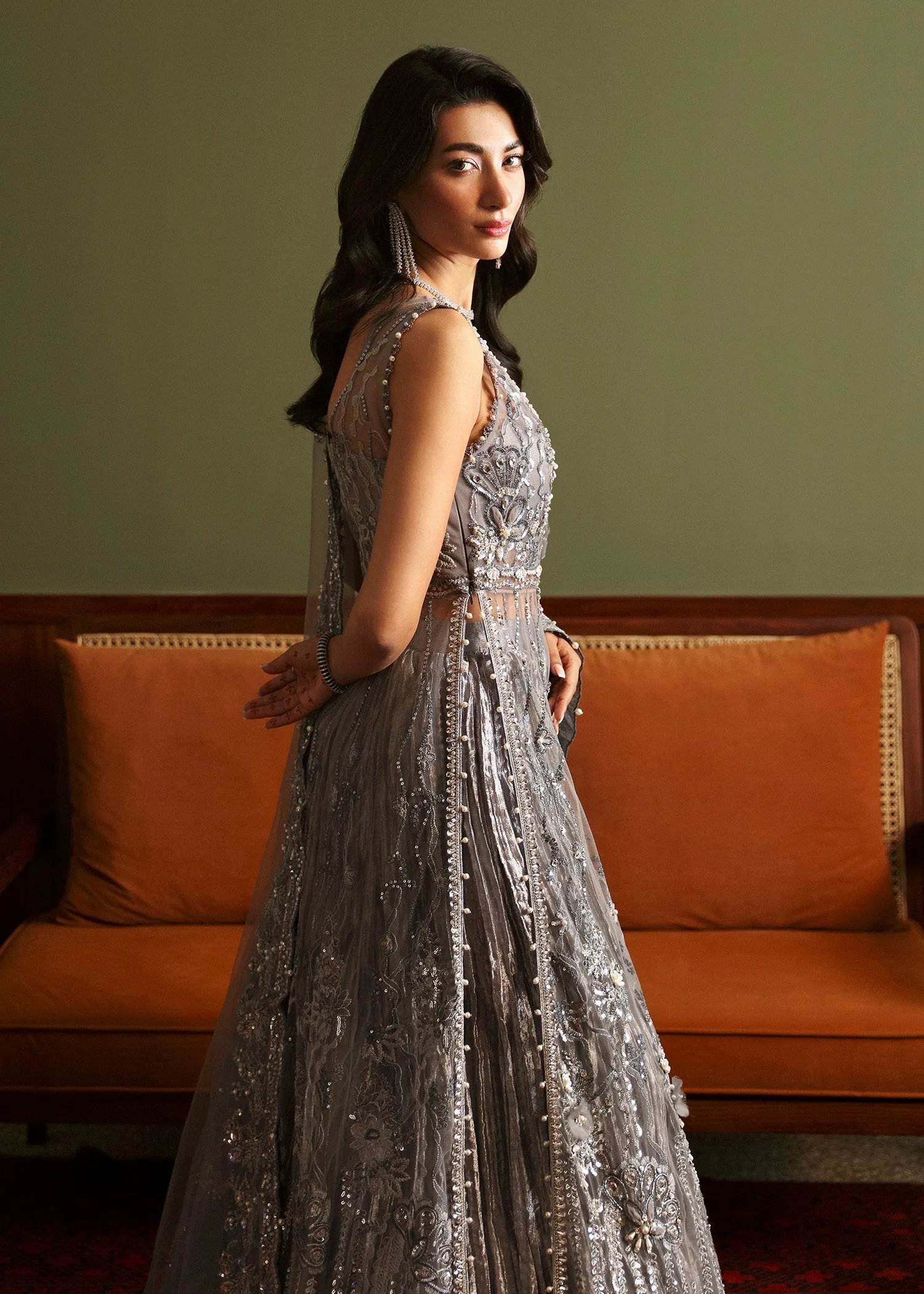Smokey Grey Embellished Pakistani Bridal Dress in Crushed Gharara Style