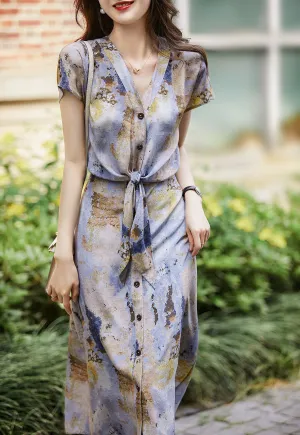 Sophia Batwing Sleeve Button Down Draped Silk Dress