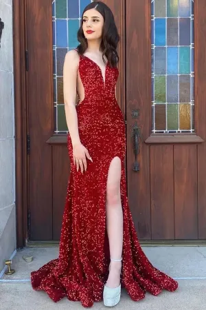 Sparkly Red Sequins Mermaid V-neck Long Prom Dresses With High Slit, MP953