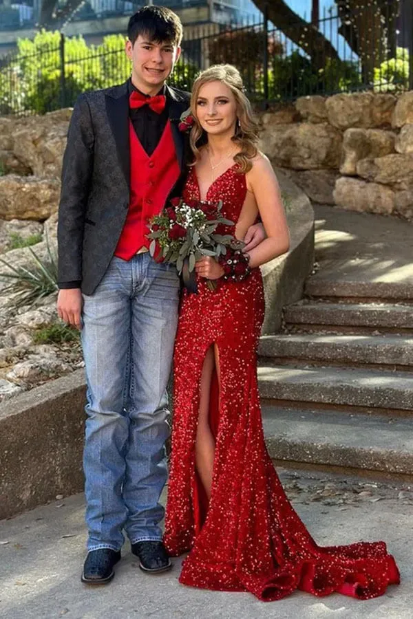 Sparkly Red Sequins Mermaid V-neck Long Prom Dresses With High Slit, MP953