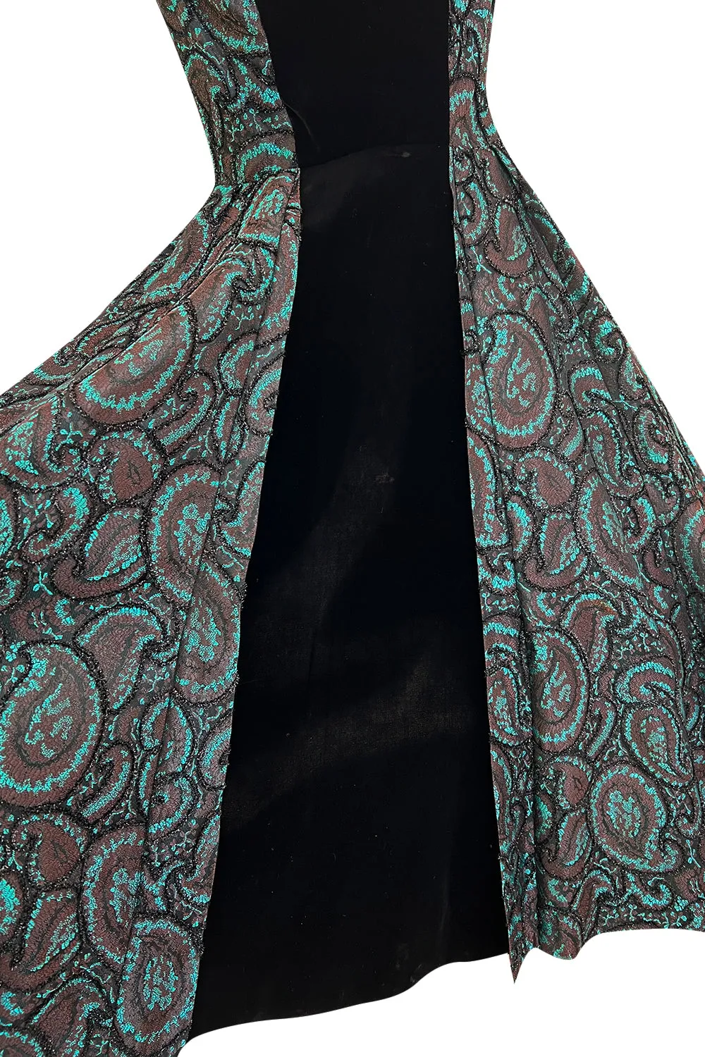 Spectacular 1940s Lilli Ann Teal & Brown Brodace & Velvet Dress w Looped Lame Detailing