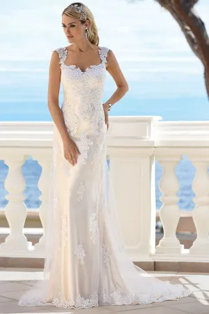 Square Maxi Appliqued Lace Wedding Dress With Court Train And V Back-MK_702705