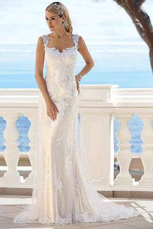 Square Maxi Appliqued Lace Wedding Dress With Court Train And V Back-MK_702705
