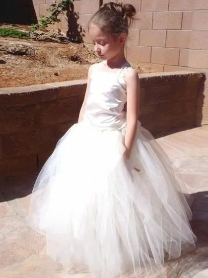 Square Neck Lace Corset Flower Girls Dresses with Puffy Tulle Skirt