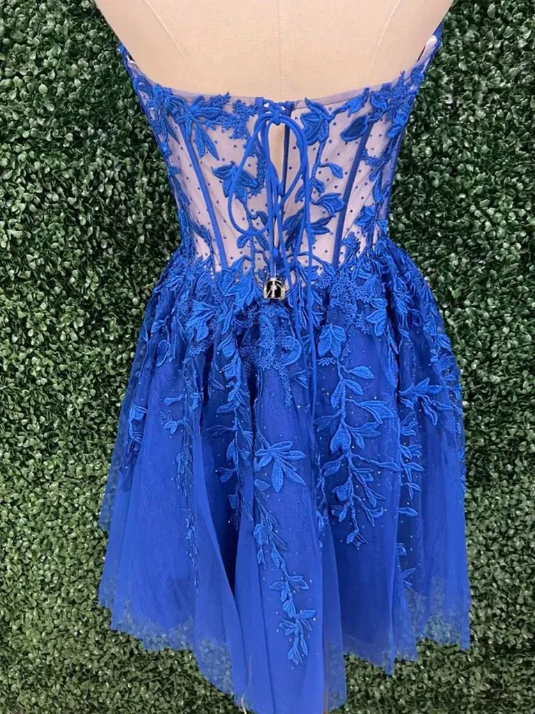 Strapless Blue Lace Short Prom Dresses, Short Blue Lace  Formal Evening Homecoming Dresses